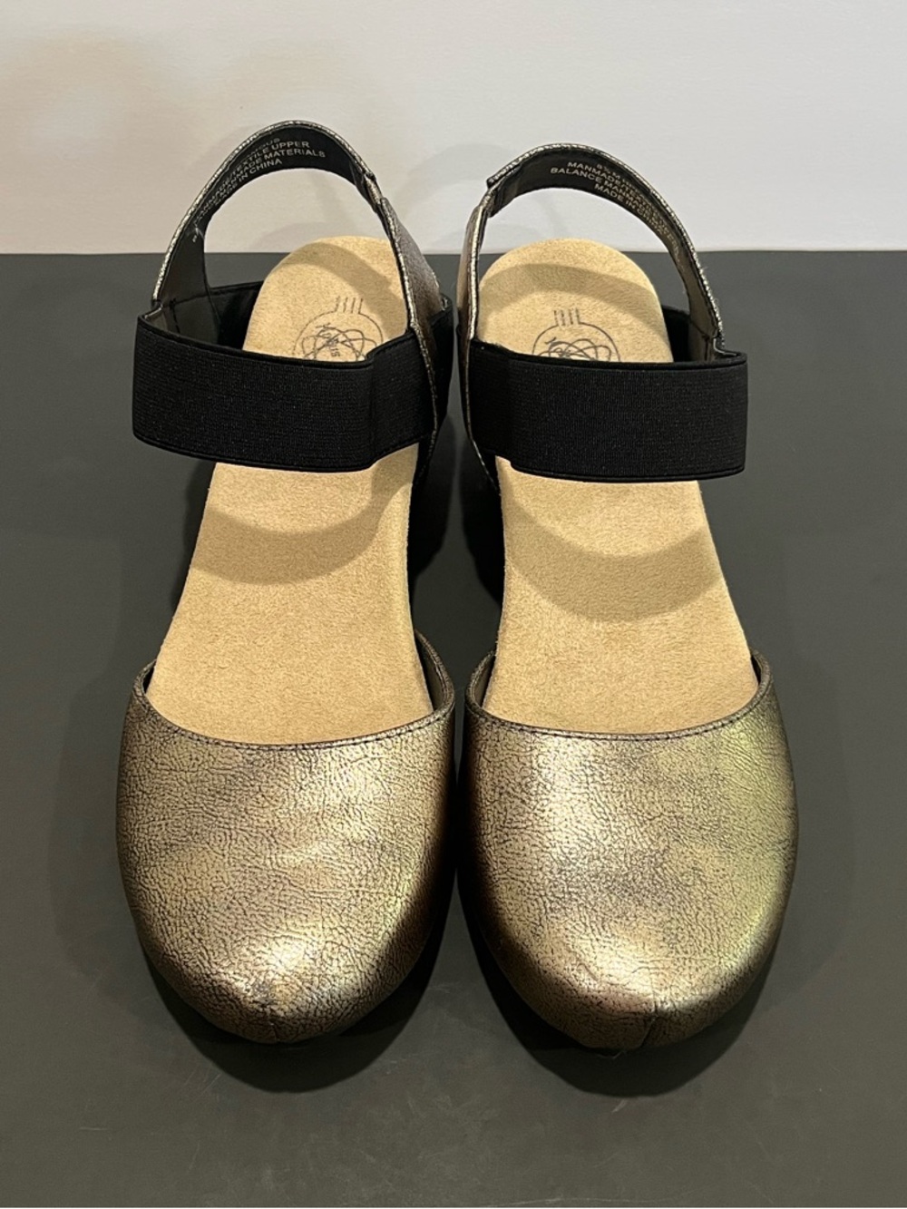 Hocus Pocus Metallic Antique Black Gold Elastic Ankle Women's Wedge Shoe Rivets